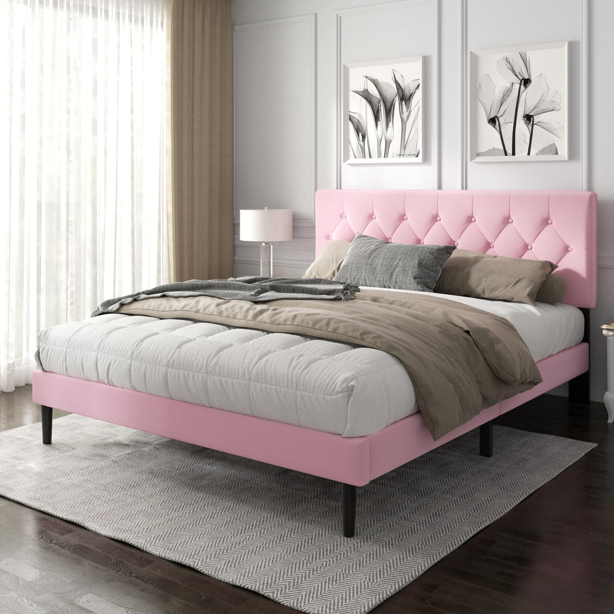 HAOARA King Size Platform Bed Frame with Upholstered Button Tufted Headboard, Mattress Foundation with Wooden Slat Support, Noise Free, No Box Spring Needed, Easy Assembly, Pink Velvet HAOARA