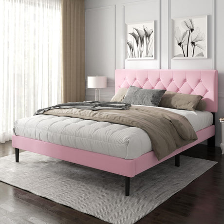 HAOARA King Size Platform Bed Frame with Upholstered Button Tufted Headboard, Mattress Foundation with Wooden Slat Support, Noise Free, No Box Spring Needed, Easy Assembly, Pink Velvet HAOARA