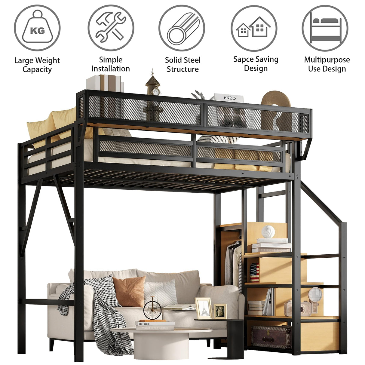 MoproBeti Full Size Loft Bed with Stairs, Metal Loft Beds Full with Storage Shelves, Adults Loft Bed with Wardrobe, Heavy Duty High Lofted Bed for Teens, No Box Spring Needed, No Noise, Black MoproBeti