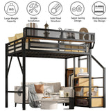 MoproBeti Full Size Loft Bed with Stairs, Metal Loft Beds Full with Storage Shelves, Adults Loft Bed with Wardrobe, Heavy Duty High Lofted Bed for Teens, No Box Spring Needed, No Noise, Black MoproBeti