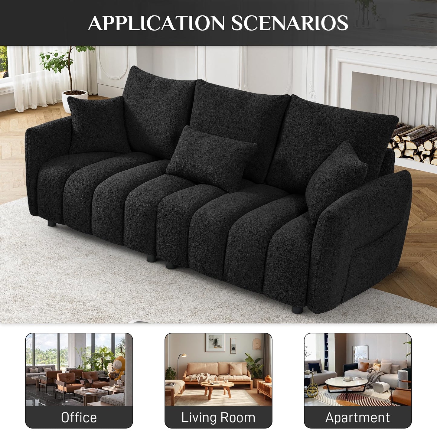 Wrofly Teddy Cloud Sofa Couch, Modern Deep Seat Boucle Sofa, 80.2" Comfy Upholstered Sherpa 3 Seater Couch with 3 Pillows, Oversized Loveseat for Living Room Apartment Office, Black