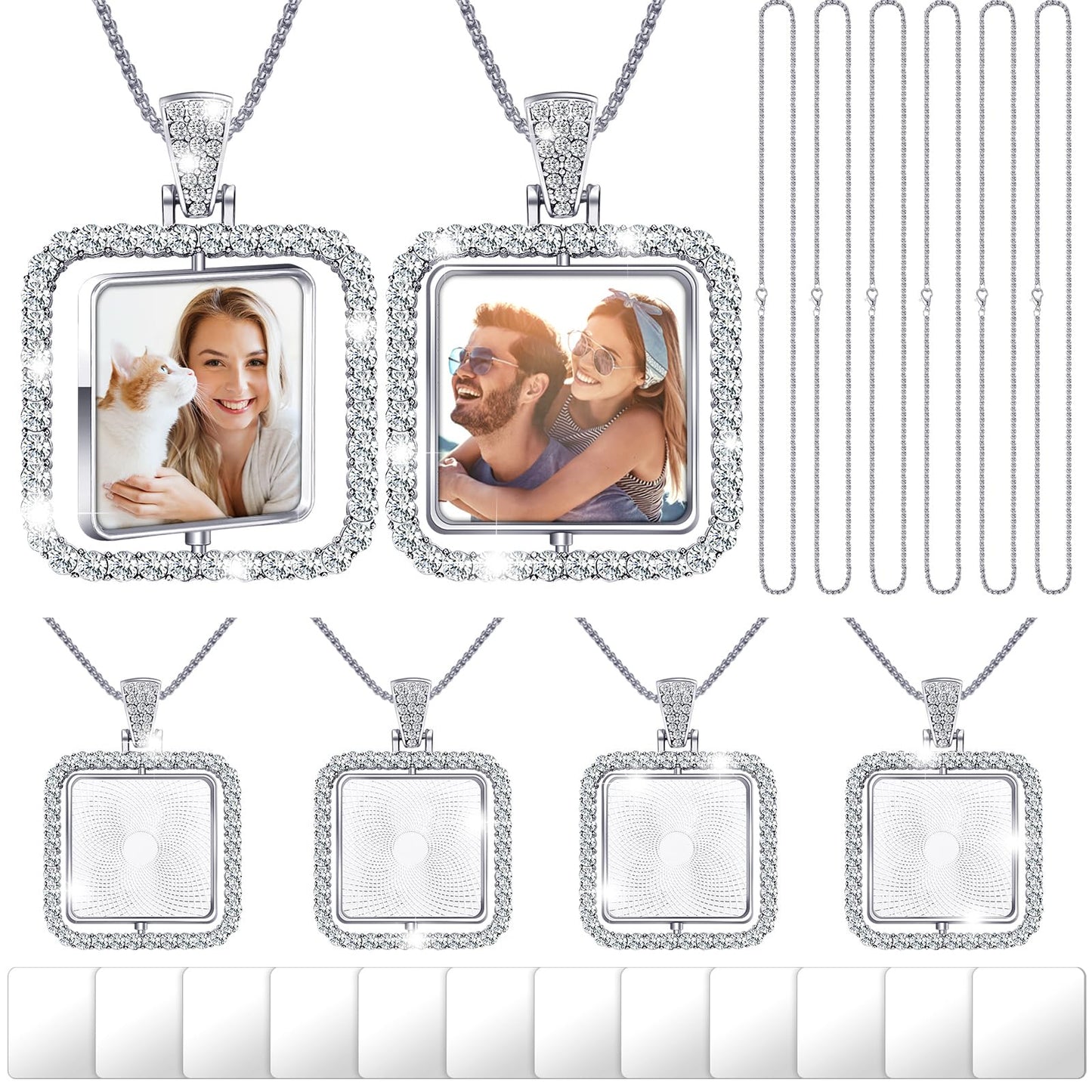 Junkin 24 Pcs Diamond Square Sublimation Rhinestone Trays Pendant Set Including 6 Double Sided Blank Rhinestone Bezel Trays 6 Pcs Thick Chains with 12 Sublimation Discs for Making