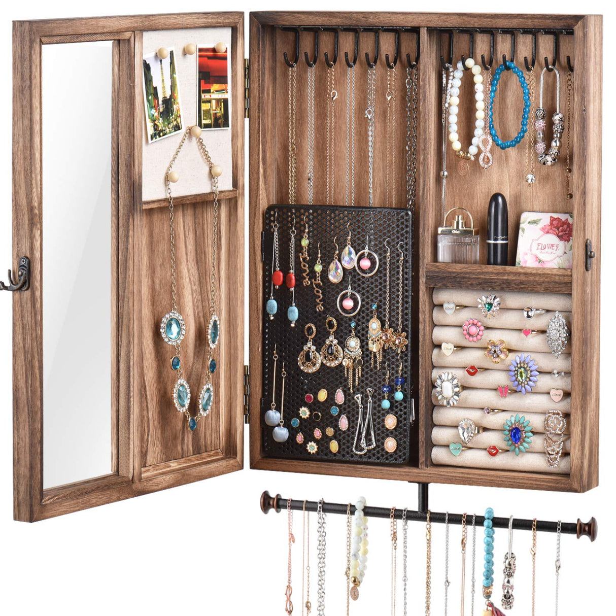 Keebofly Wall Mounted Jewelry Organizer Box Rustic Wood Large Space Jewelry Cabinet Holder Jewelry Storage Box for Necklaces, Earrings, Bracelets, Ring Holder, and Accessories (Carbonized Black) Keebofly