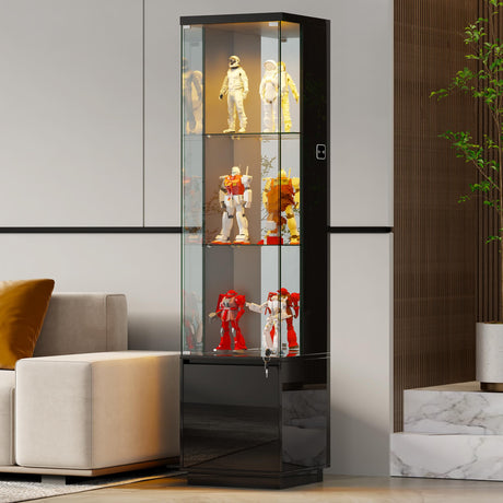 Curio Display Cabinet,3-Tier Lockable Corner Glass Cabinet with Adjustable Glass Shelf, High Gloss Display Cases with 3 Color Lights for Collectibles,with Hidden Storage Cabinets for Liquor,Black HNEBC