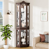 Trygoal 70" H Lighted Corner Curio Cabinet, Curved Wood Corner Cabinet with Tempered Glass Doors, Glass Display Case with Bulb for Living Room, Bedroom, Dark Cherry Trygoal