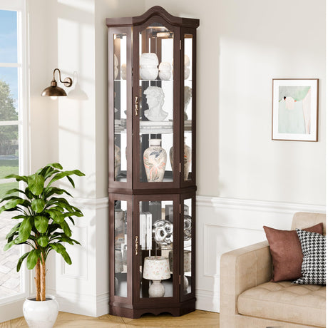Trygoal 70" H Lighted Corner Curio Cabinet, Curved Wood Corner Cabinet with Tempered Glass Doors, Glass Display Case with Bulb for Living Room, Bedroom, Dark Cherry Trygoal