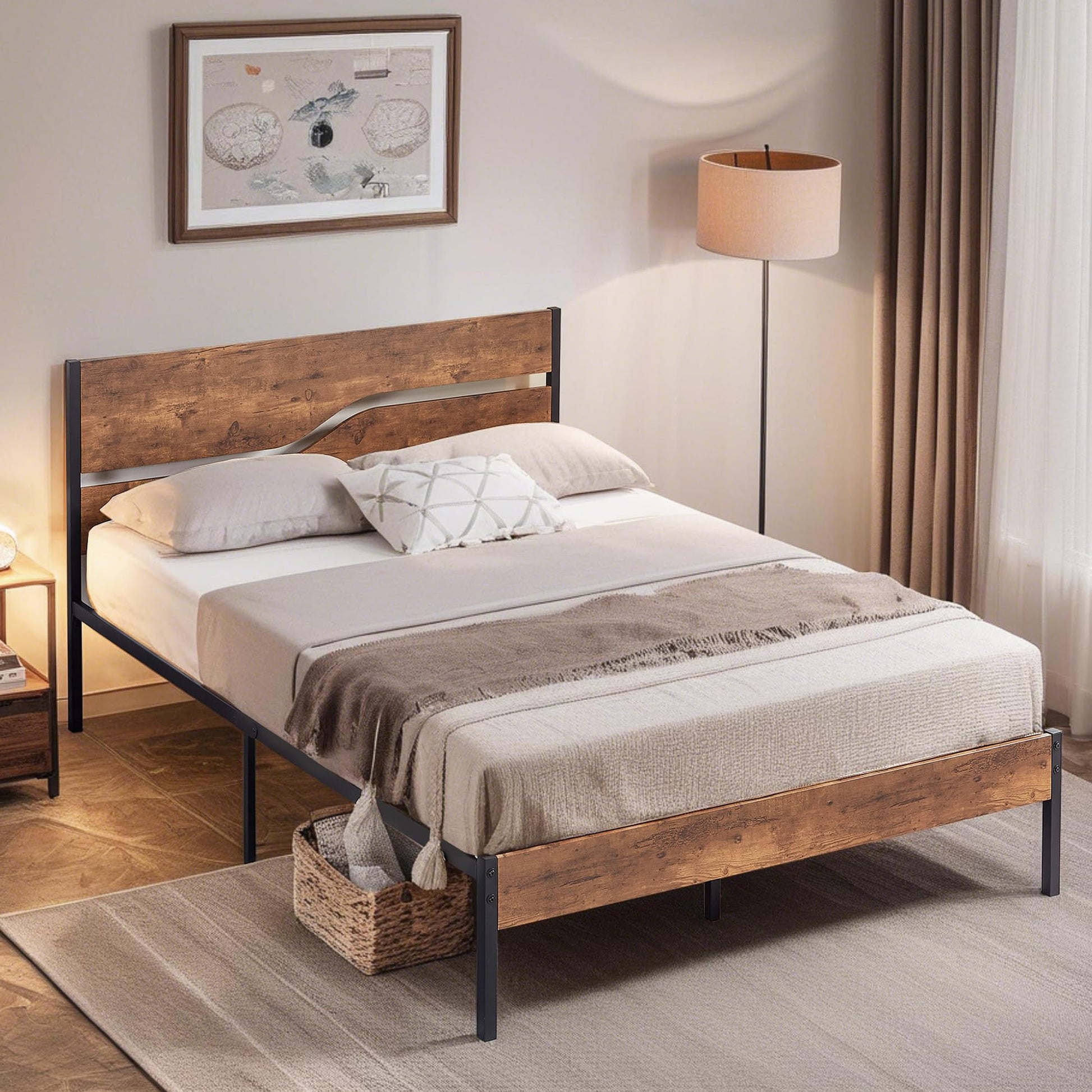 VECELO Rustic Brown Full Size Platform Bed Frame with Wood Headboard and Heavy Duty Metal Support - WoodArtSupply