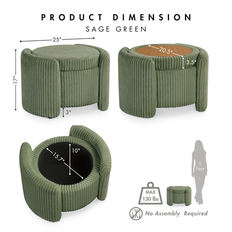 Furniture of America Lennox Modern Chenille 25-inch Round Storage Ottoman with Reversible Flip Top, Upholstered Footstool for Living Room, Bedroom, Entryway, Green Furniture of America