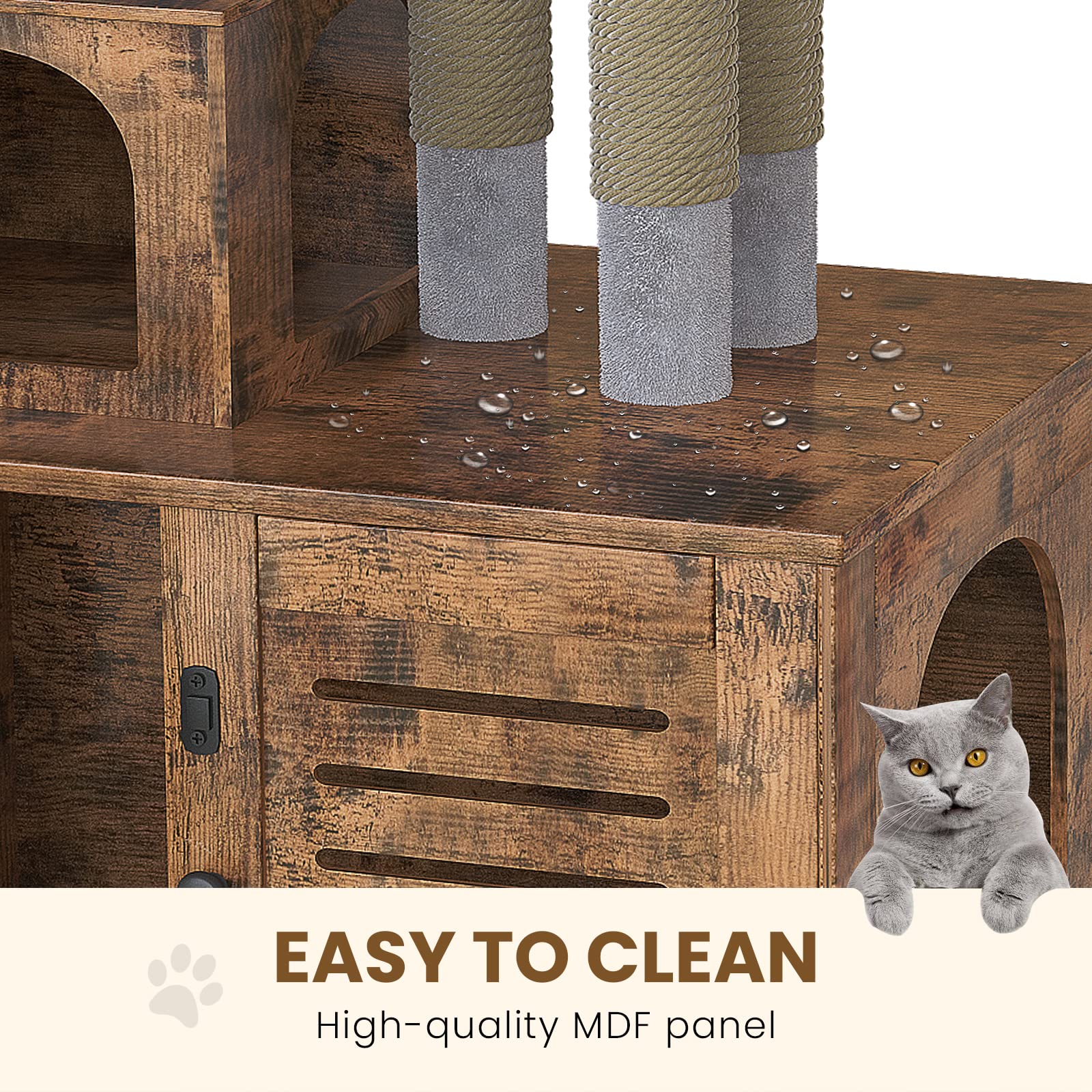 Recaceik Cat Litter Box Enclosure with Cat Tree, Hidden Cat Washroom Furniture with Divider, Wooden Cat House with Platform, Scratching Post and Soft Plush Perch, Indoor Pet Cabinet,Rustic Br - WoodArtSupply