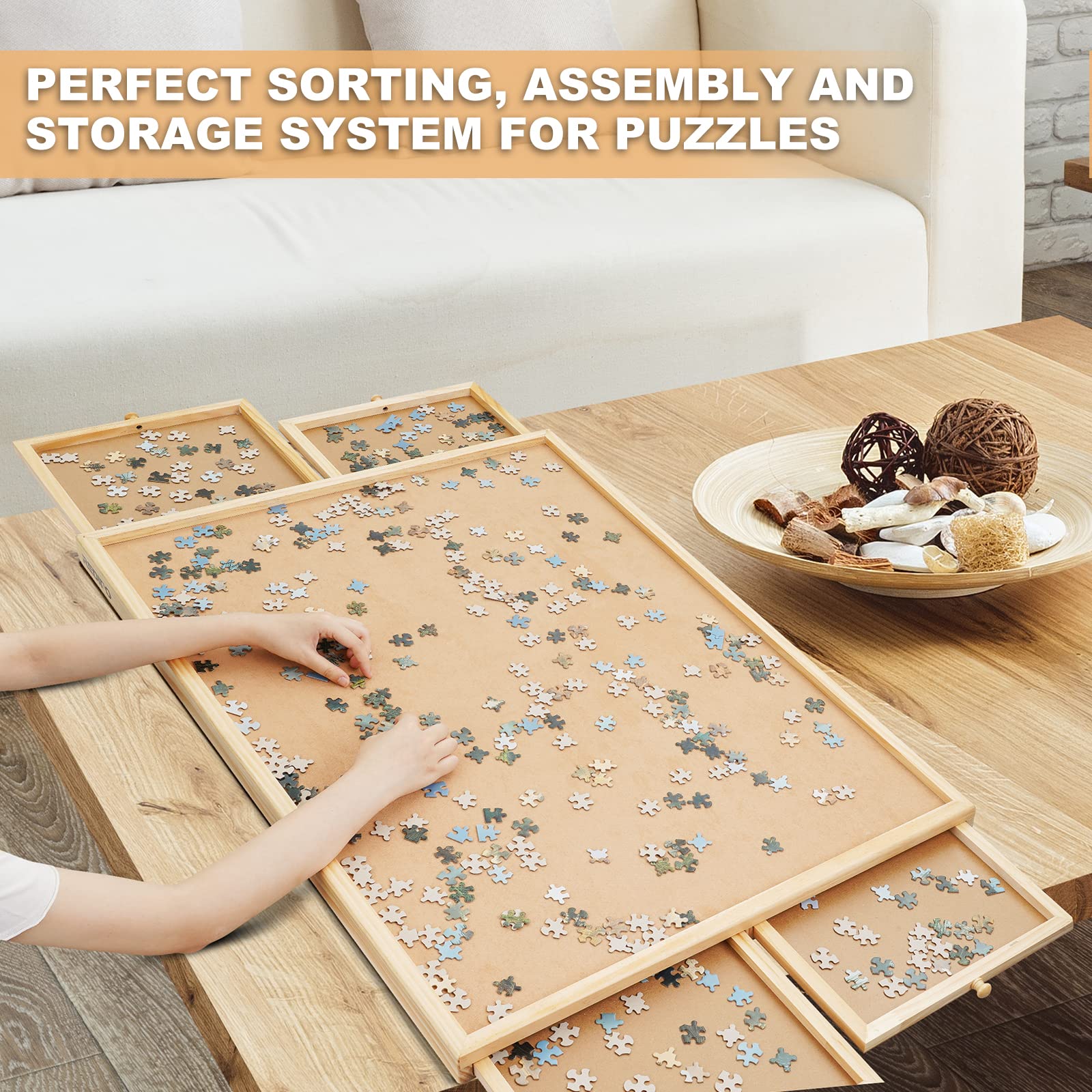 Redipo 1500 Pieces Wooden Jigsaw Puzzle Board with 4 Drawers for Storing Puzzles, 26” x 35” Large Portable Jigsaw Puzzle Table with Puzzle Cover, Non-Slip Plateau Work Surface for Adults and  - WoodArtSupply