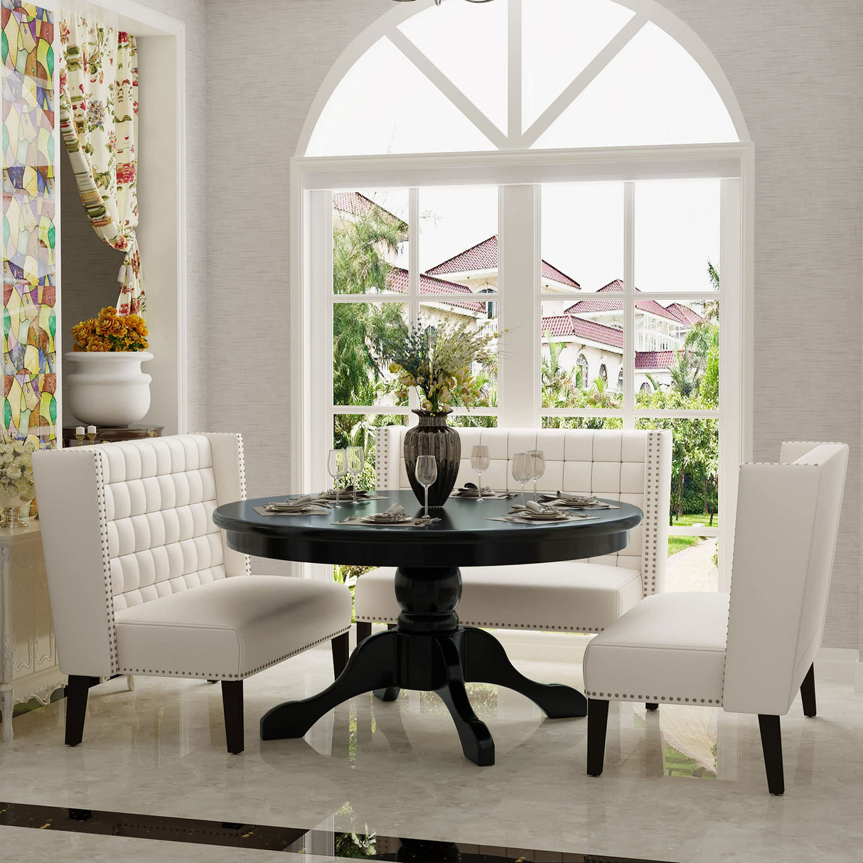 Andeworld Modern Loveseat Settee Bench Sofa Couch, Upholstered Banquette Dining Bench with Back for Dining Living Room Hallway or Entryway Seating,White Andeworld