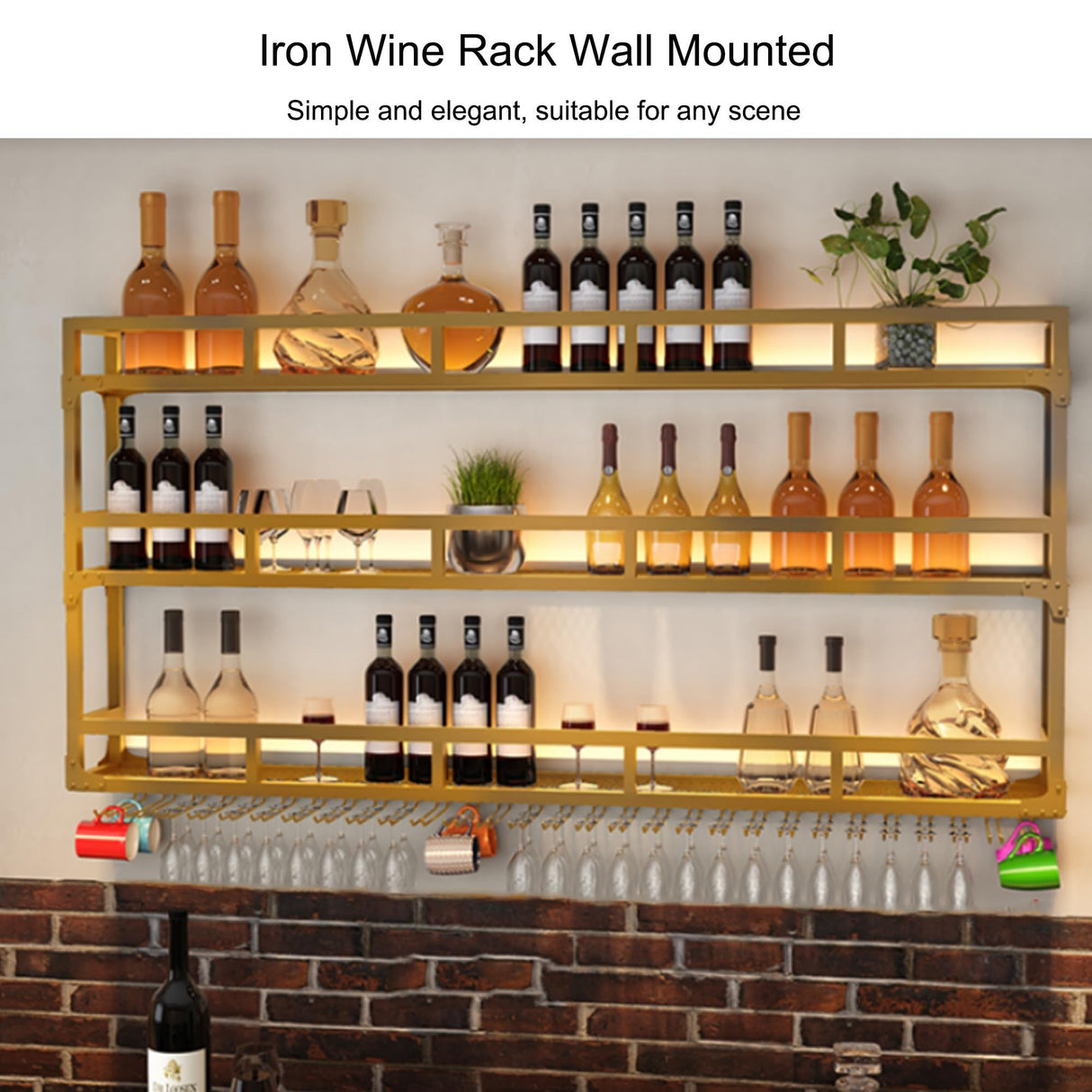 Wall Wine Rack Floating Bar Shelves Wall Mounted with LED Light Liquor Bottle Display Shelf with Hanging Wine Glass Rack Kitchen Wall Shelf Liquor Cabinet Bar Stand for Home Bar Cafe Restaurant(Gold,3 WXZXWXZX