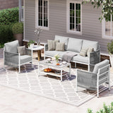 Oasbira Aluminum Outdoor Patio Furniture Set, HDPE Rope 4 Piece Modern Sectional Conversation Sets with Dual-Layer Coffee Table, All Weather Patio Couch Set with Thick Cushions, White Frame, White Oasbira