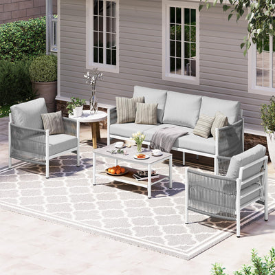 Oasbira Aluminum Outdoor Patio Furniture Set, HDPE Rope 4 Piece Modern Sectional Conversation Sets with Dual-Layer Coffee Table, All Weather Patio Couch Set with Thick Cushions, White Frame, White