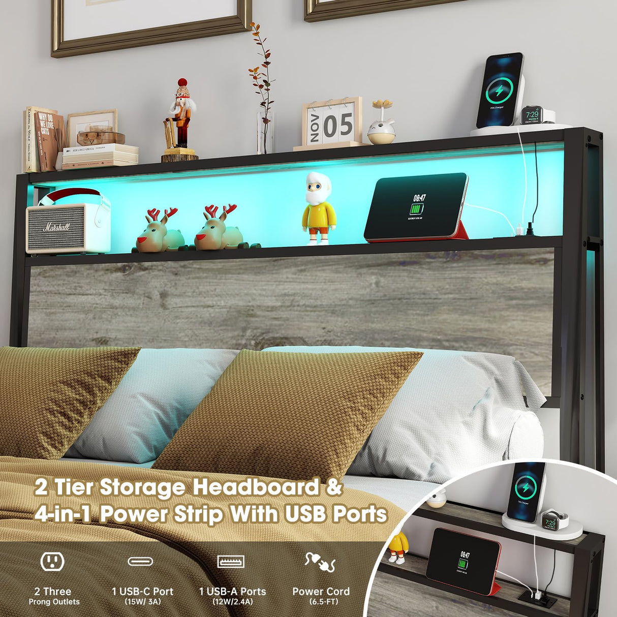 Full Size Bed Frame with Headboard, Metal Platform Bed Frame with LED Lights & Charging Station, Under Bed Storage, Solid and Stable, No Box Spring Needed, Noise Free, Easy Assembly, Rustic Grey RVONOW