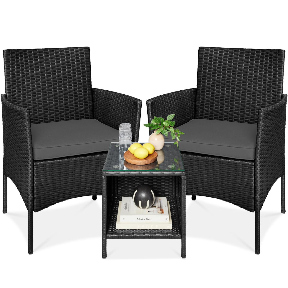 Best Choice Products 3-Piece Outdoor Wicker Conversation Bistro Set, Space Saving Patio Furniture for Garden w/Side Table - Black/Gray Best Choice Products