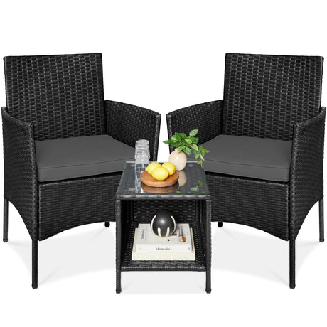 Best Choice Products 3-Piece Outdoor Wicker Conversation Bistro Set, Space Saving Patio Furniture for Garden w/Side Table - Black/Gray Best Choice Products