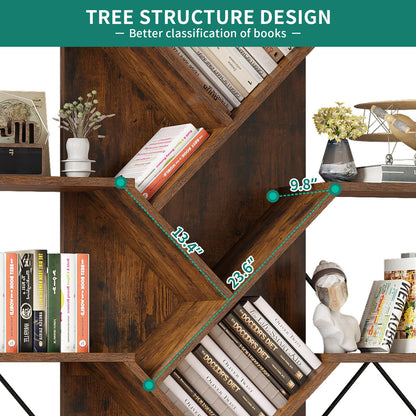 YITAHOME Industrial Tree Bookshelf, Large 5 Tier Bookcase Tall Standing Book Shelves Organizer Display Rack for Bedroom Living Room Office, Rustic Brown