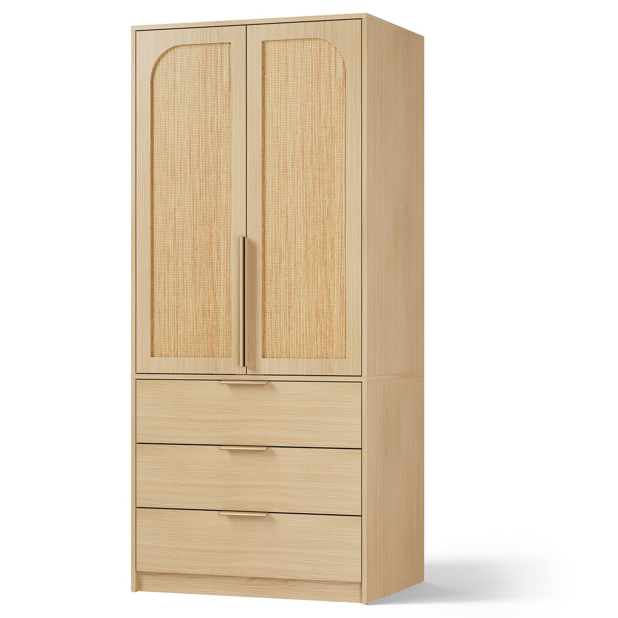 GarveeHome Armoire Wardrobe Closet, 69.5 in Wooden Wardrobe Cabinet with 3 Drawers, Hanging Rod, 2 Doors Clothing Storage Cabinet for Bedroom, Large Capacity Storage, Rattan Door, Natural GarveeHome