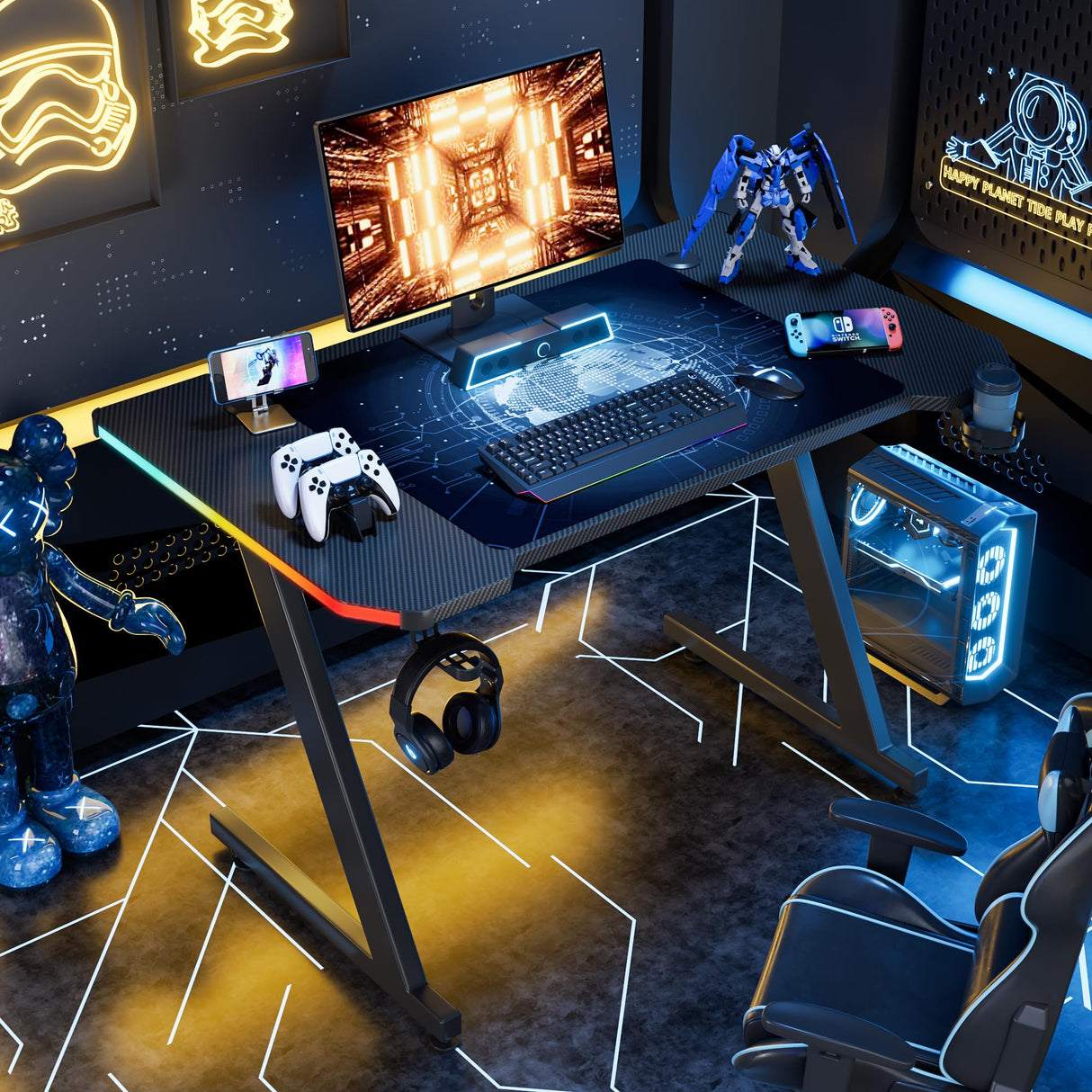 Homall Gaming Computer Desk with Carbon Fiber Surface, Gaming Table Z Shaped PC Home Office with Cup Holder&Headphone Hook(47 in, Black, Led Light) Homall