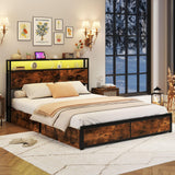 Giantex Queen Size LED Bed Frame with Charging Station & 4 Storage Drawers, Heavy Duty Metal Platform Bed with 2-Tier Storage Headboard, Noise Free, No Box Spring Needed, Rustic Brown Giantex