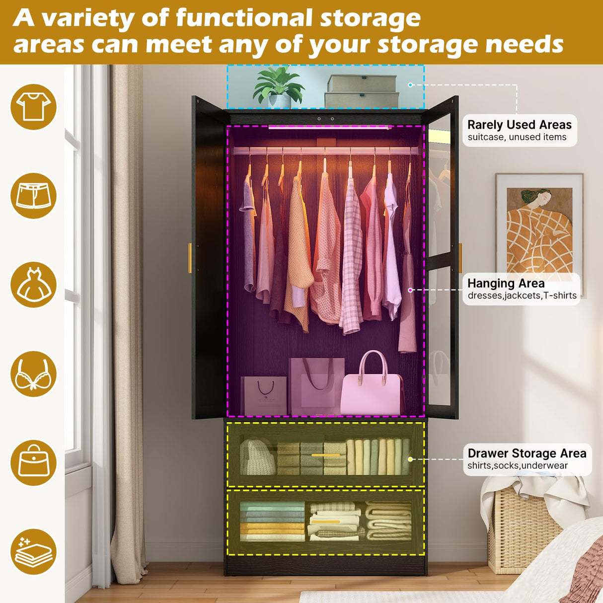 2 Doors Armoire Wardrobe Closet with LED and Mirror,71" H Freestanding Wooden Wardrobe Closet Cabinet for Bedroom w 2 Drawers,Wooden Clothing Storage Cabinet w Hanging Rod,Closets for Bedroom(Black) chartustriable