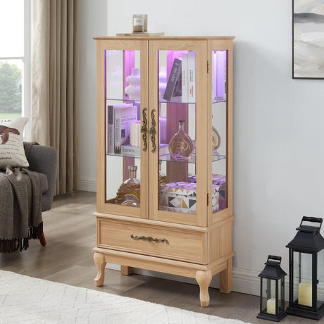 Eyisean Glass Display Cabinet, 52" H Curio Cabinet with Adjustable Shelves and Mirrored Back Panel, Wooden China Cabinet with Light Bulb, Rack for Living Room Storage (Oak - LED) Eyisean