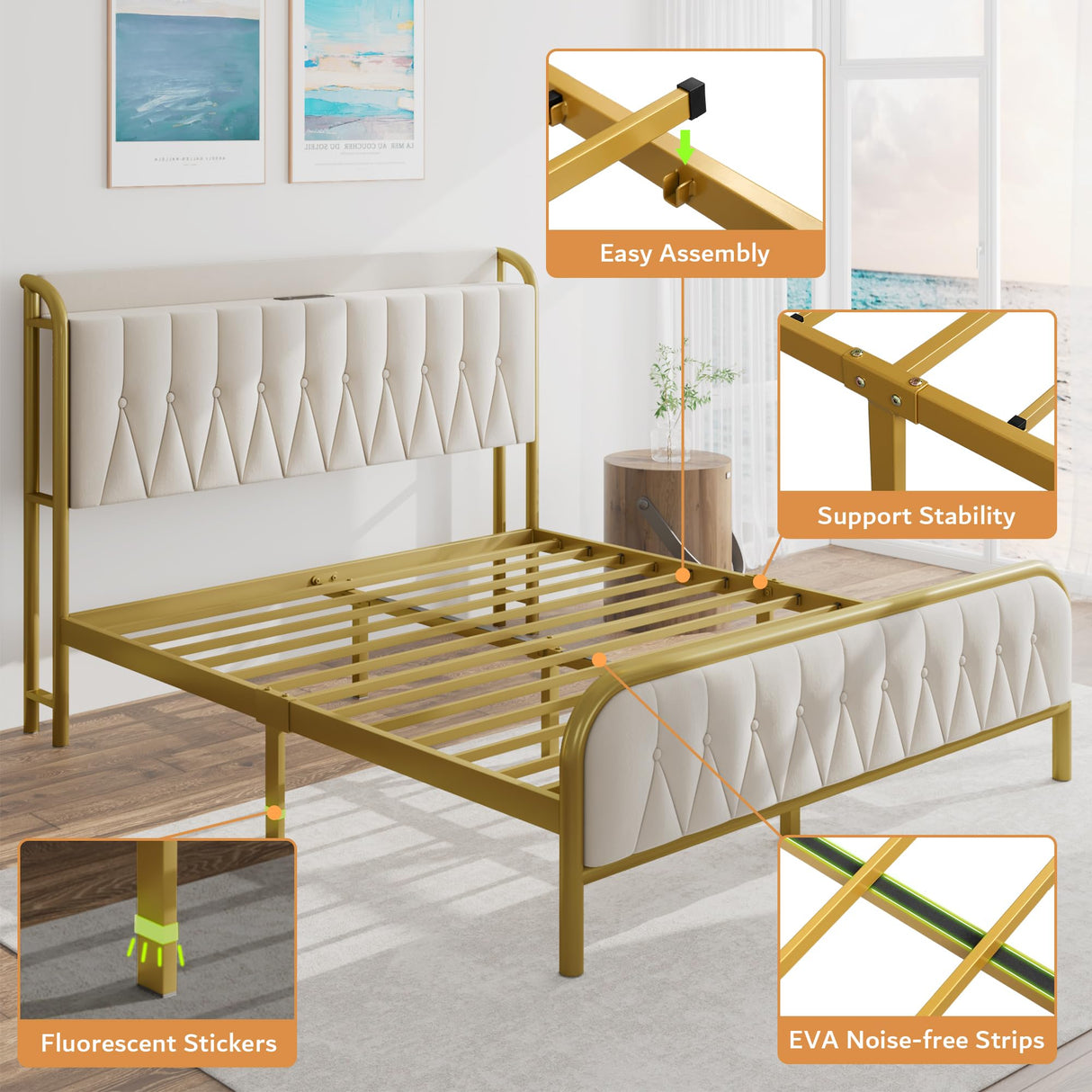 iPormis Full Size Metal Bed Frame with Charging Station, Velvet Upholstered Headboard and Footboard, Heavy Duty Steel Support, 12" Under Bed Storage, No Box Spring Needed, Easy Assembly, Beige iPormis