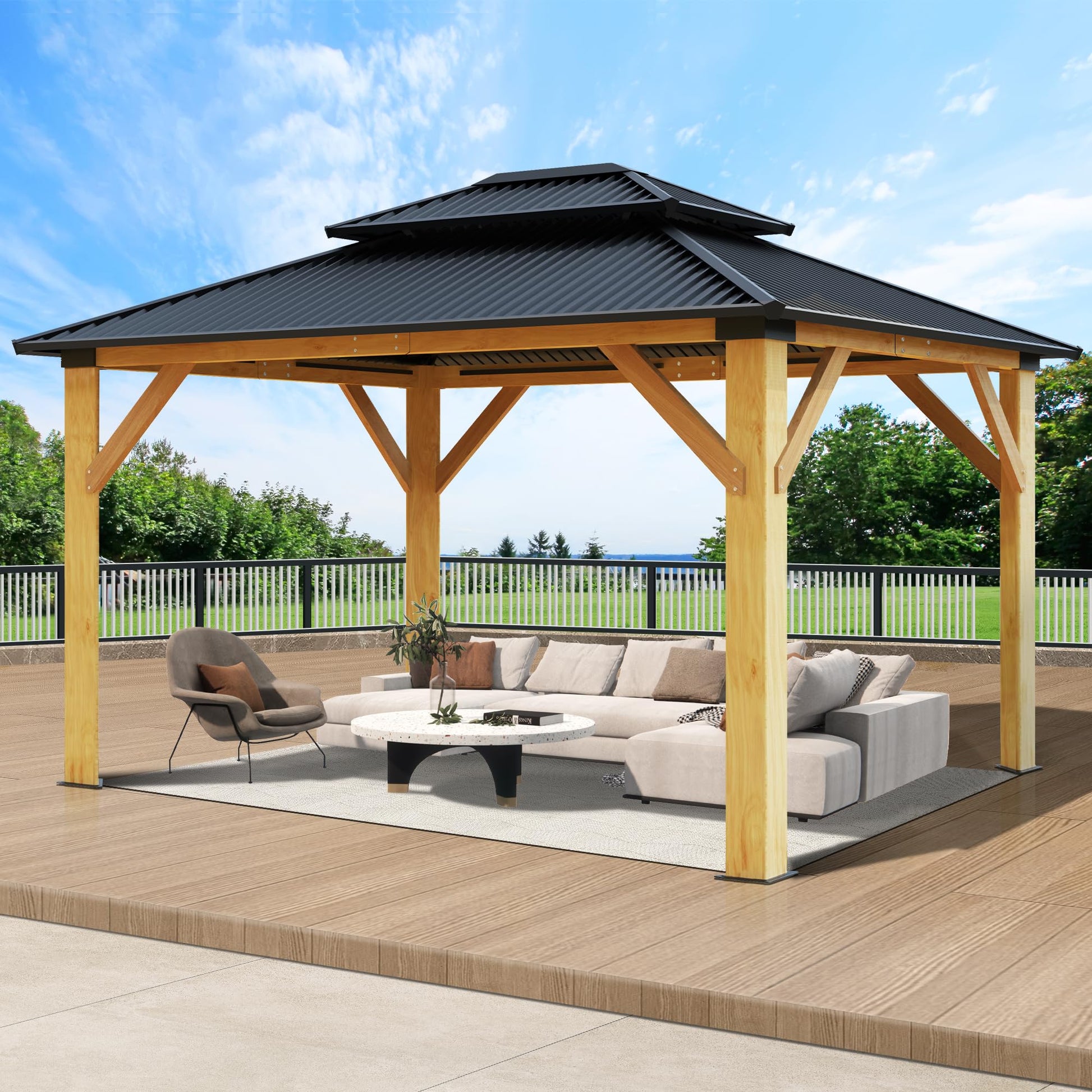 COVERONICS 11FT x 13FT Outdoor Cedar Wooden Gazebo - Patio Wood Frame Gazebo with Galvanized Steel Hardtop, Heavy-Duty Hardtop Gazebo for Garden, Poolside, Deck, Backyard - WoodArtSupply