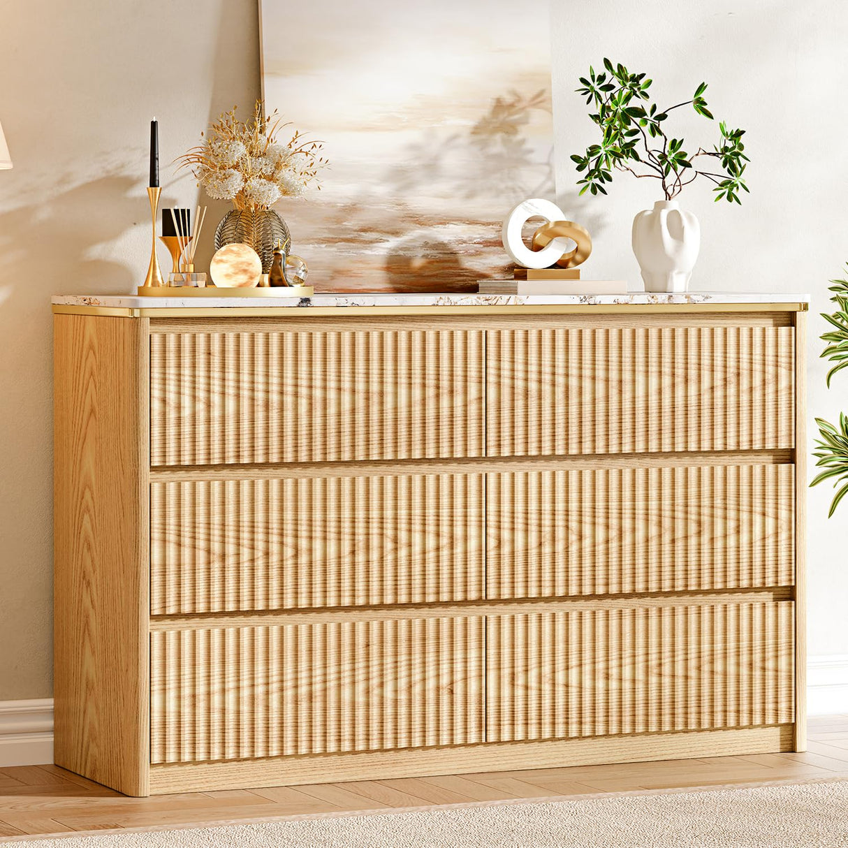 Ieejdn Fluted Dresser for Bedroom with 6 Drawers, 47.2" Modern Chest of Drawers with Faux Marble Top, Curved Profile Design,Dresser TV Stand, Wood Drawer Organizer for Living Room, Hallway, Oak1