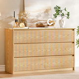 Ieejdn Fluted Dresser for Bedroom with 6 Drawers, 47.2" Modern Chest of Drawers with Faux Marble Top, Curved Profile Design,Dresser TV Stand, Wood Drawer Organizer for Living Room, Hallway, Oak1