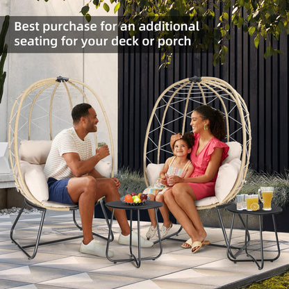 GRAVFORCE Wicker Egg Chair Set, Oversized Indoor Outdoor Lounger Chair with Cushion & Table, Patio Rattan Chair for Backyard, Living Room, Steel Frame, 440lb Capacity - Ivory