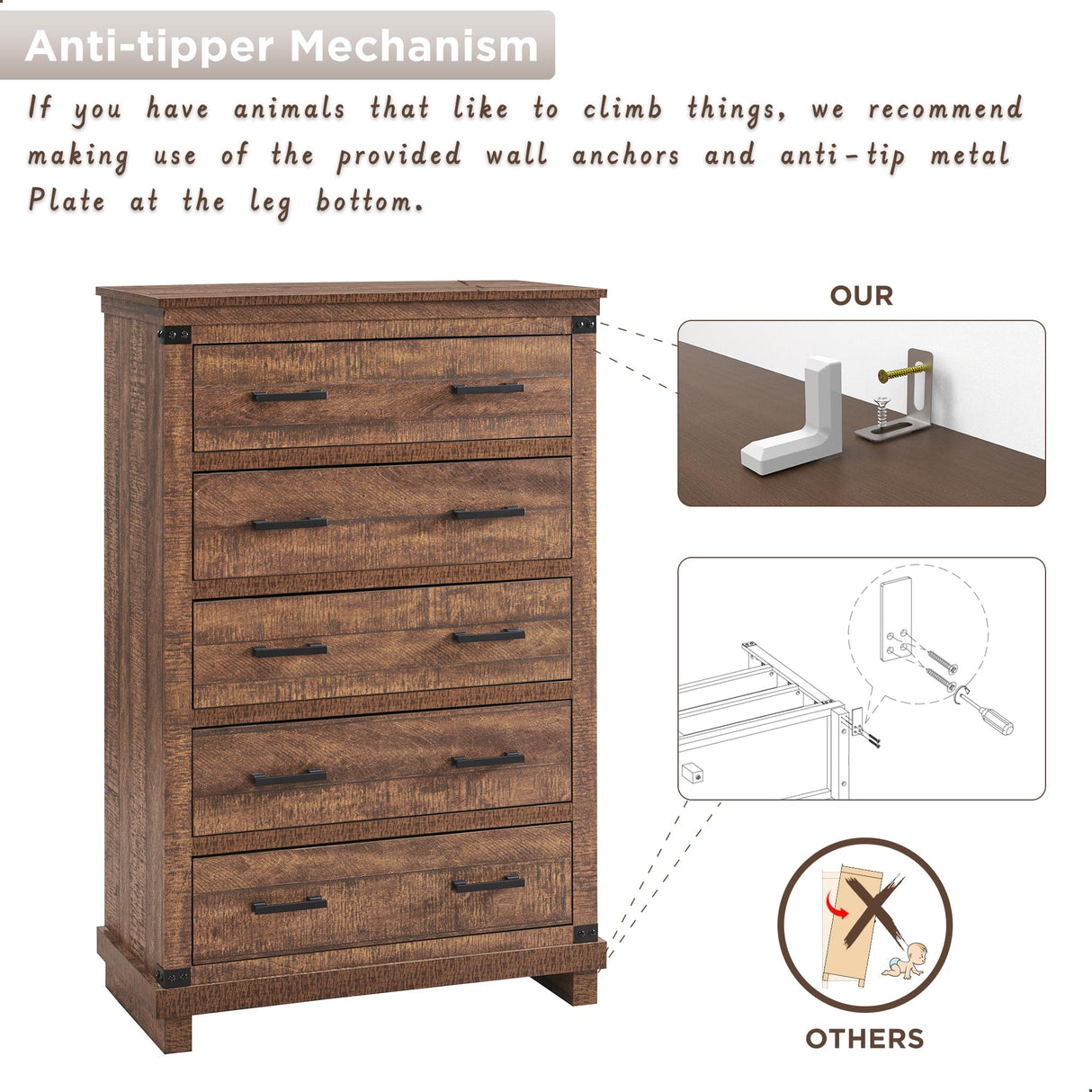 Farmhouse 5 Drawers Dresser for Bedroom, Tall Chest of Drawers with Thick Plank Styling, Wood Rustic Closet Dresser for Bedroom, Living Room, Reclaimed Barnwood RedLemon