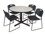 Cain 48" Round Breakroom Table- Maple & 4 Zeng Stack Chairs- Black Regency
