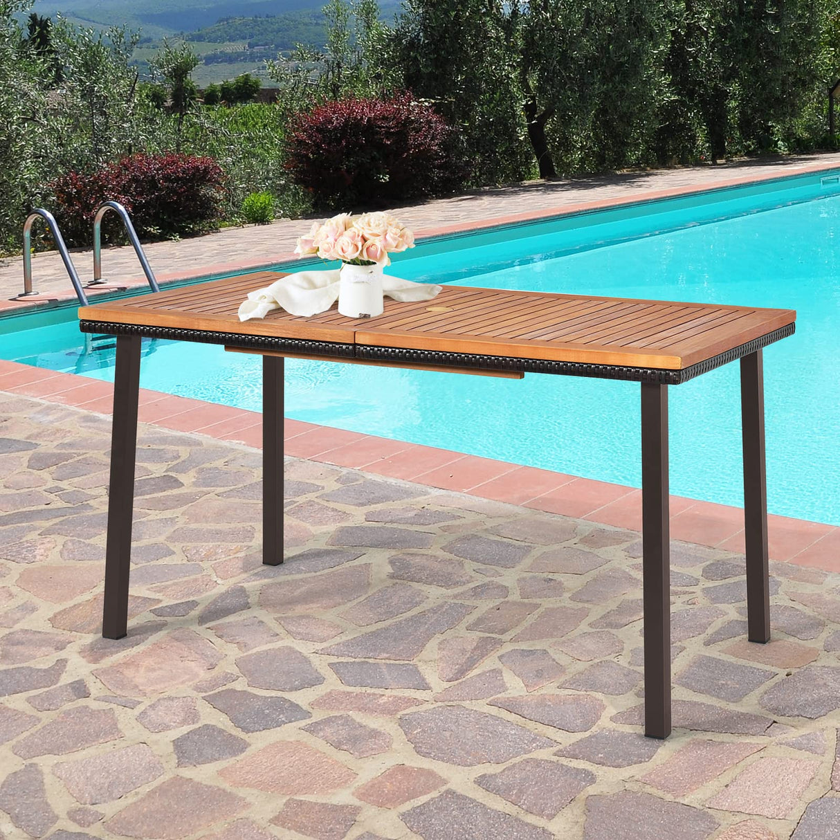 Tangkula Patio Acacia Dining Table, Outdoor Rectangle Dining Table with Acacia Wood Desktop, Steel Frame and Umbrella Hole, Perfect for Outdoor Entertaining, Deck, Backyard, Pool Side Tangkula