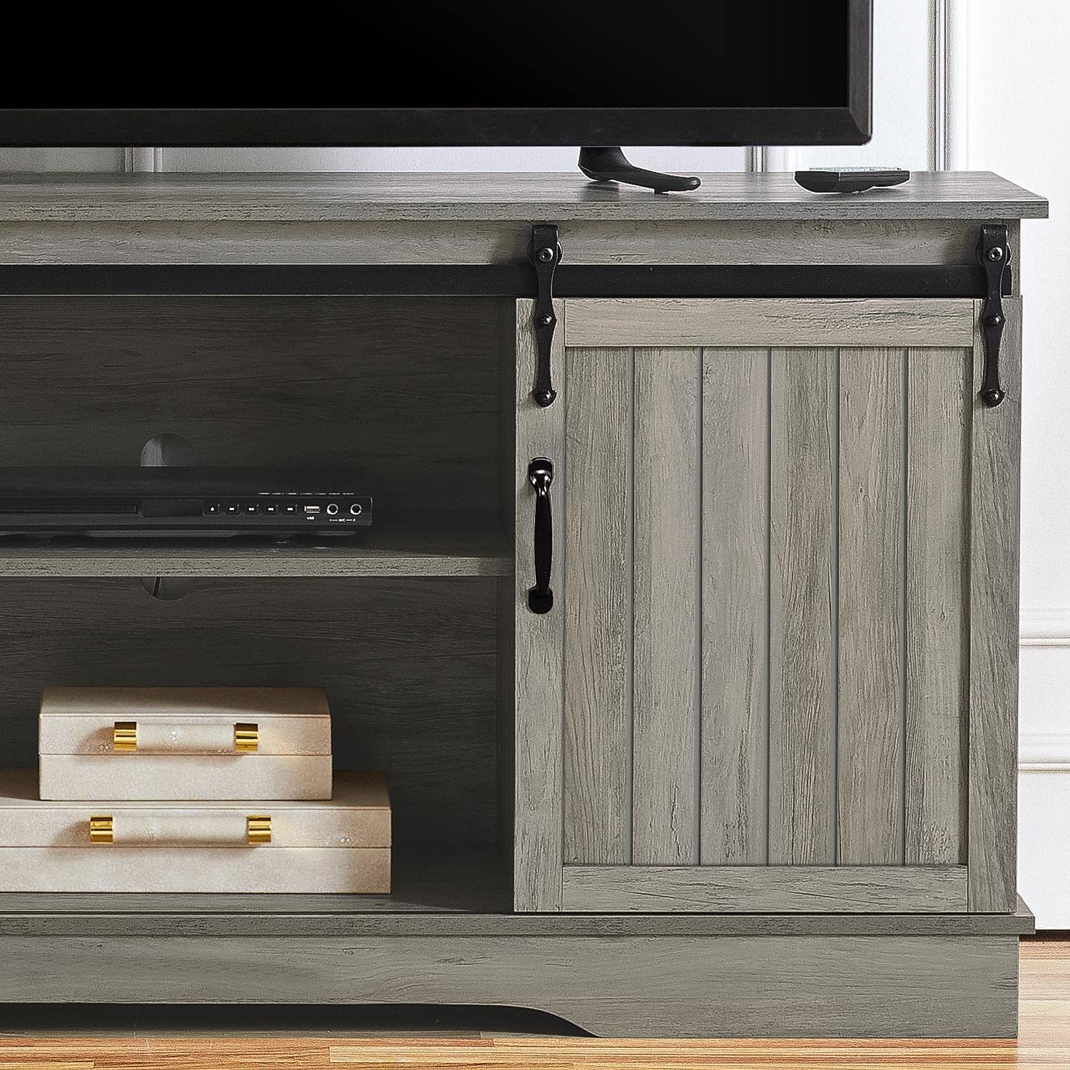 Yaheetech Farmhouse TV Stand for 65'' TV, Wooden Tall Entertainment Center with Sliding Barn Door & Height Adjustable Shelves for Living Room, Grey Wash - WoodArtSupply