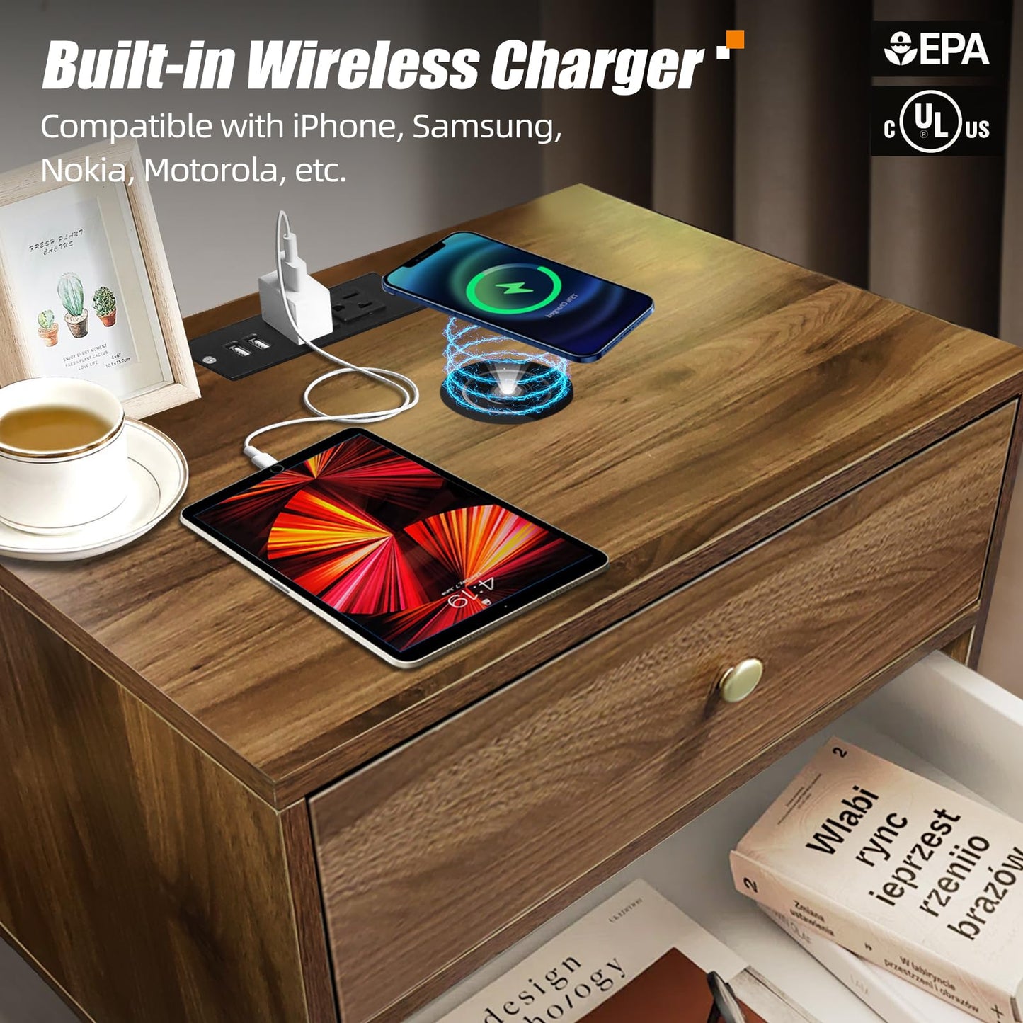 Wooden Nightstand with Wireless Charging and LED Light - 20" W x 14" D x 24" H Mid Century Modern Walnut Nightstand with Charging Station, Large Bedside Table with Storage Drawers, Outlet on Top