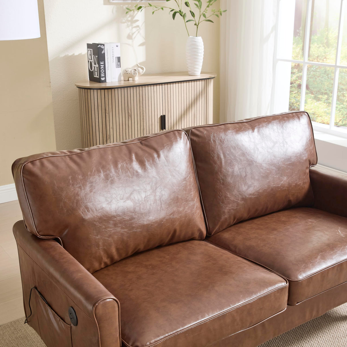 KEIKI PU Leather Loveseat Sofa, 56.3" Small Couch 2 Seater Sofa Couches with 2 USB & 1 Type-C Charging Ports, Removable Pillow Cover, Comfy Cushion, Love Seat Couches for Bedroom, Apartment, Brown KEIKI