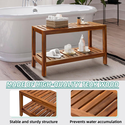 YITAHOME Teak Shower Bench with Storage Shelf, 36" Wooden Shower Stool for Inside Shower, Shower Stool Seat with Non-Slip Levelers for Bathroom, Living Room, Indoor and Outdoor Use