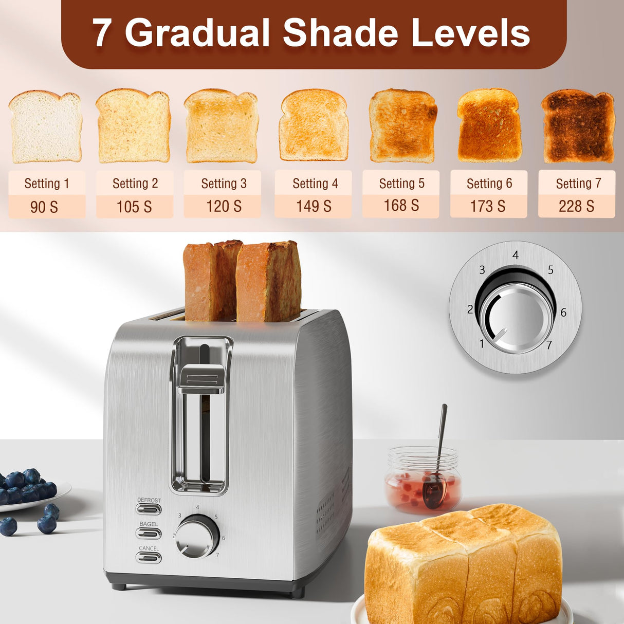 Runnatal 2 Slice Toaster, 100% Stainless Steel, Wide Slot Toaster Multifunctional with 7 Toast Settings, Defrost, BAGEL, Cancel Functions, Easy to Operate and Clean 120V 800W Silver Metallic Runnatal