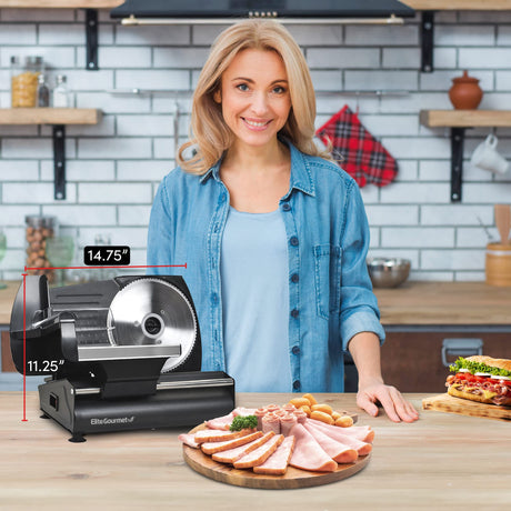 Elite Gourmet EMT-625B Ultimate Precision Electric Deli Food Meat Slicer Removable Stainless Steel Blade, Adjustable Thickness, Ideal for Cold Cuts, Hard Cheese, Vegetables & Bread, 7.5”, Black Elite Gourmet