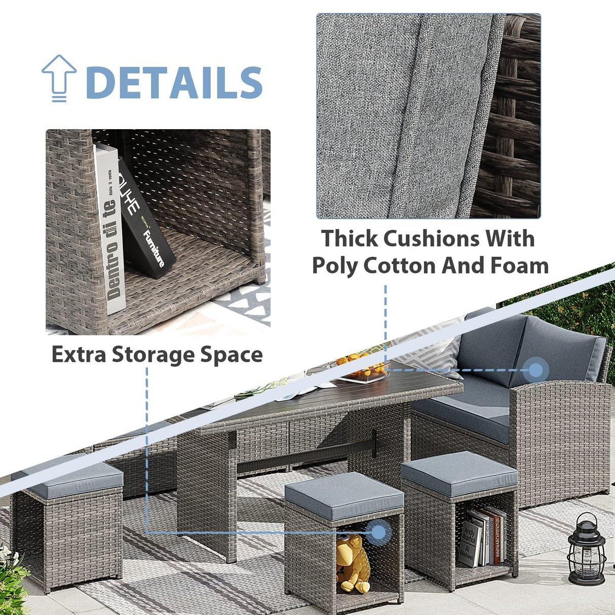 JOIVI Outdoor Patio Furniture Set, 7 Piece Patio Dining Sofa Set, Outdoor Sectional Couch Conversation Set All Weather Wicker Rattan Aluminum Desktop Dining Table & Chair with Ottomans, Gray Cushion JOIVI