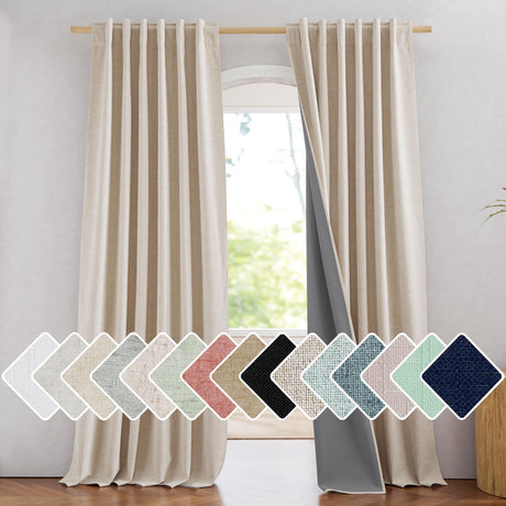 NICETOWN Rod Pocket Full Blackout Cream Linen Curtains 108" Length with Thermal Insulated Liners for Living Room, Farmhouse Style Keep Cool & Warm Large Window Drapes for Hall (2 Panels, 52" Wide) NICETOWN