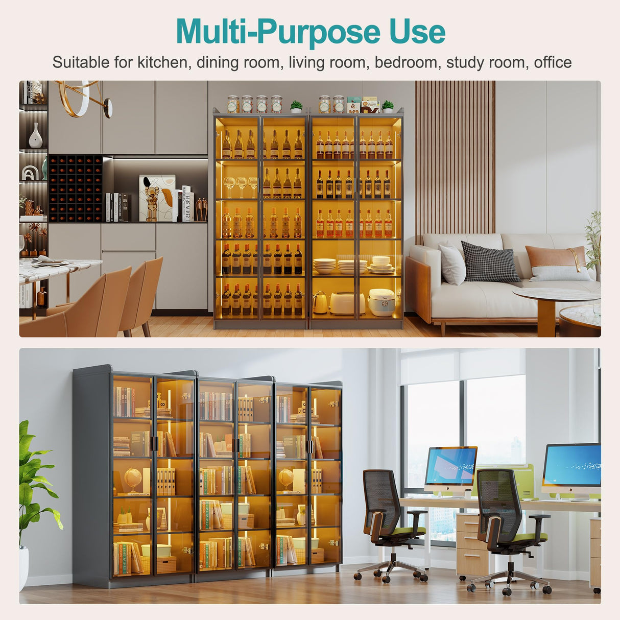 Lvifur 65" Display Cabinet with Lights, 5 Tier Curio Cabinets Bookcase with Adjustable Shelves, Tall Storage China-Cabinet with Human Body Induction for Living Room (Grey) Lvifur