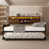 Daybed with Trundle and LED Light, Farmhouse Twin Daybed Frame with Storage Headboard & Charging Station, Heavy Duty Metal Day Bed with Sliding Barn Door for Living Room,Bedroom (Rustic Brown, Twin) HMYFGD