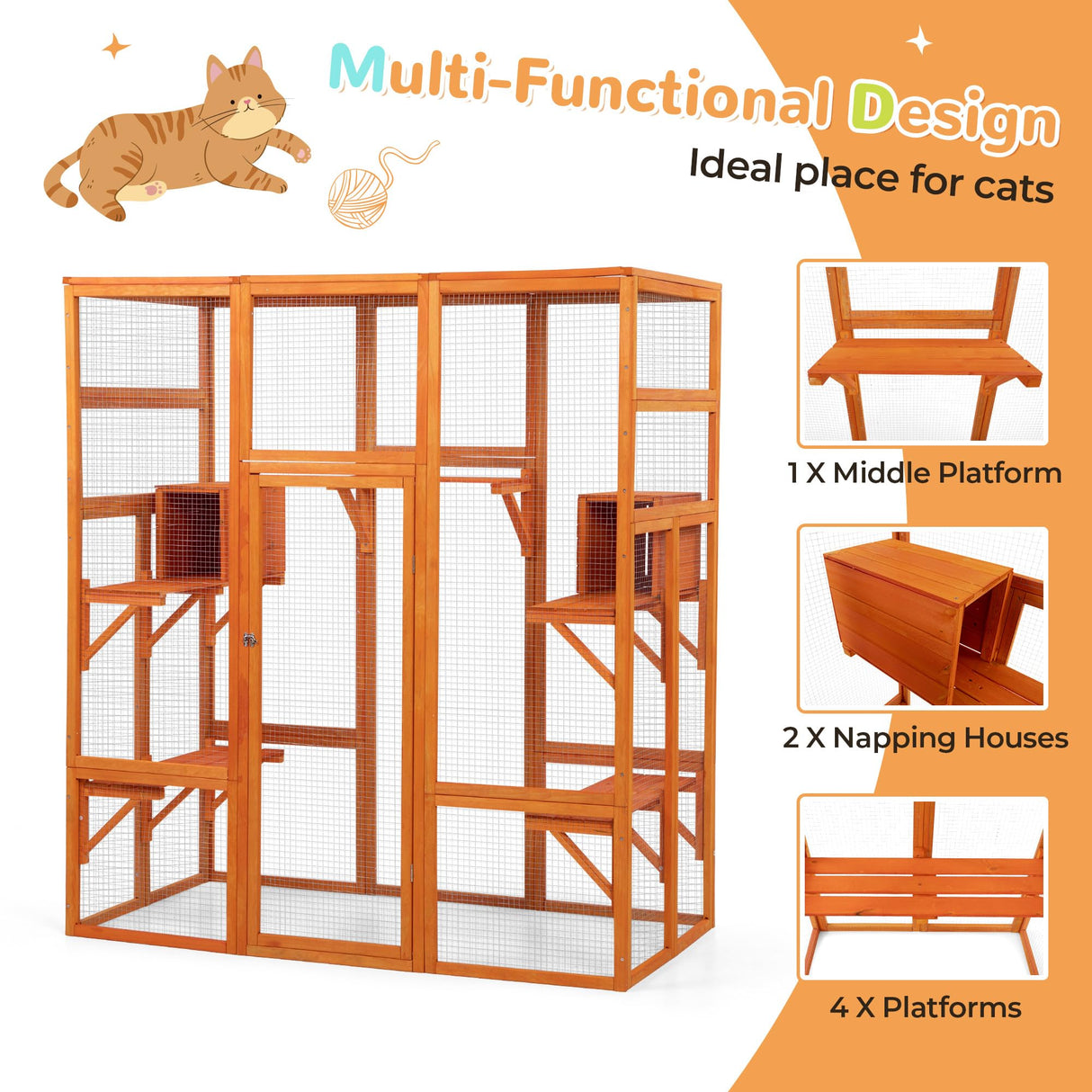COZIWOW Large Wooden Cat Cage with Perche and Condo, Play Run Enclosure Indoor Kitty Window Kennel with Waterproof Roof, 7 Platforms & 2 Resting Box, 62.4" L x 32.4" W x 70" H, Deep Orange COZIWOW