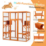 COZIWOW Large Wooden Cat Cage with Perche and Condo, Play Run Enclosure Indoor Kitty Window Kennel with Waterproof Roof, 7 Platforms & 2 Resting Box, 62.4" L x 32.4" W x 70" H, Deep Orange COZIWOW