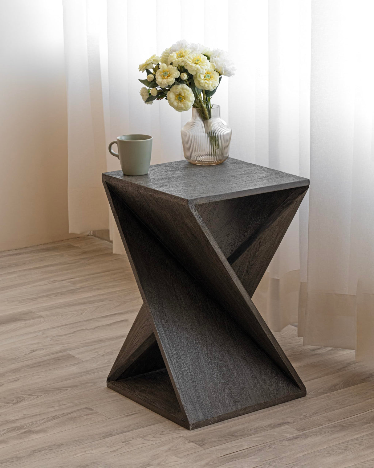 Albany Living Hand Made One-of-a-Kind Carved Mango Wood Twisted X Shape End Table, Distressed Grey Albany Living