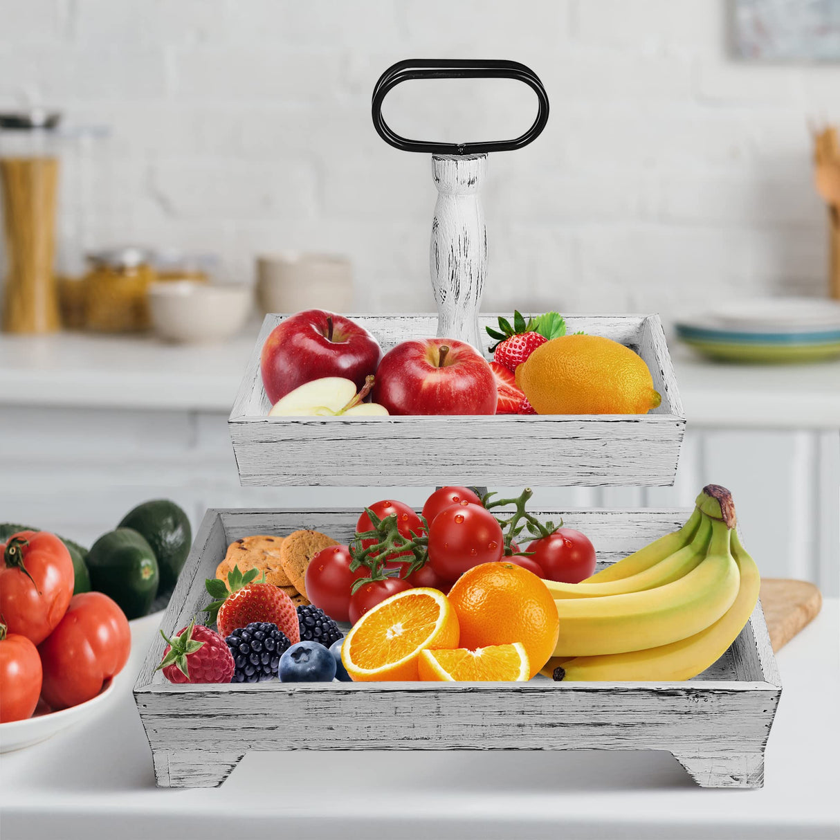 Eufrozy Farmhouse Tiered Tray Stand Wood, Rustic Tiered Tray Decor Holder 2 Tiered Decorative Wooden Serving Tray Rectangular with Metal Handle for Kitchen Table Decor Housewarming Gifts White Eufrozy