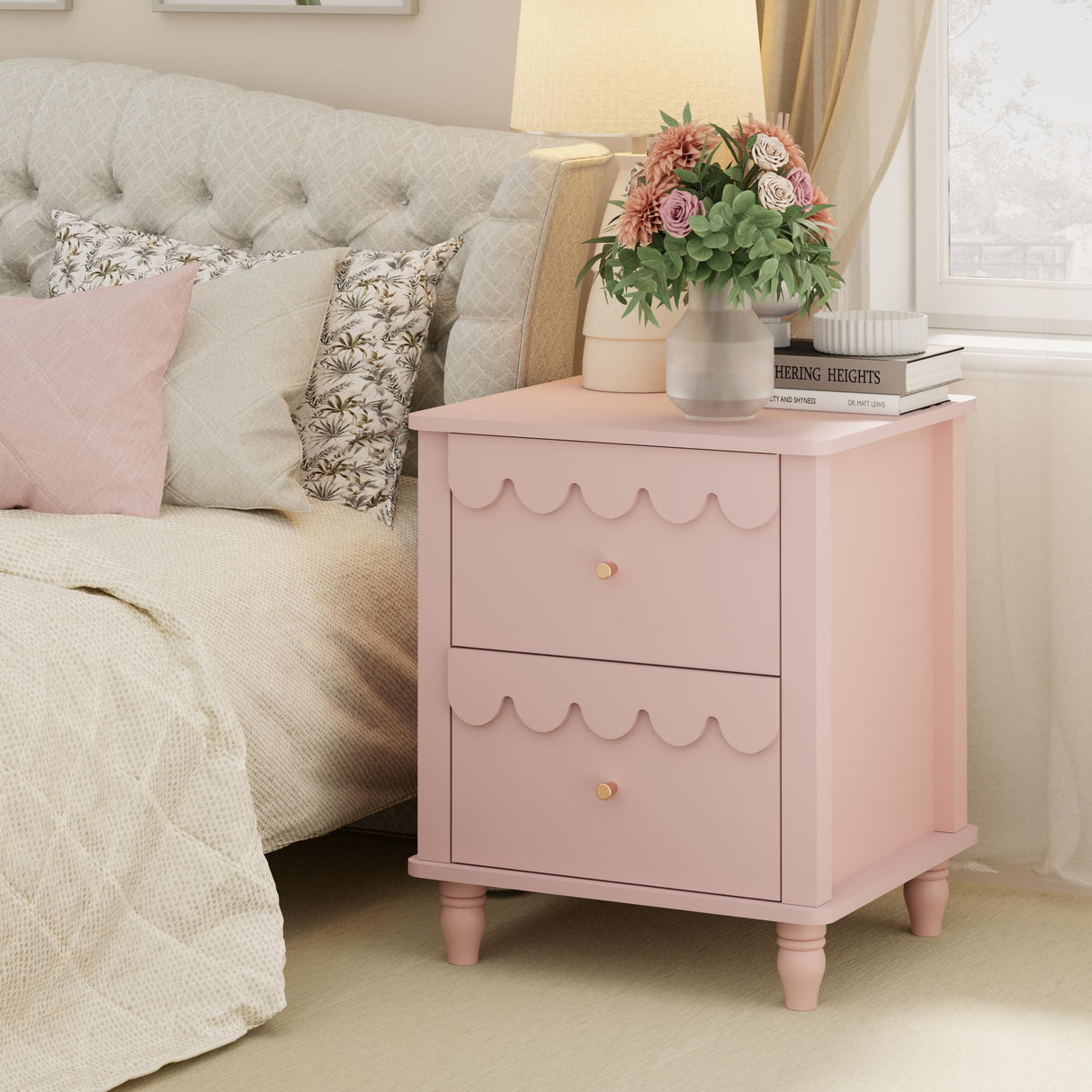 Anbuy Pink Nightstand Set of 2 with Petal Pattern, Modern Night Stand Set 2 with 2 Drawers for Bedroom, Side End Table Scalloped Bedside Night Tables with Solid Wood Legs Anbuy